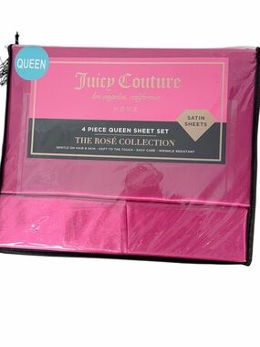 Juicy Couture Queen Satin Sheet Set Rose Collection Hot Pink 4 Piece Bedding Set